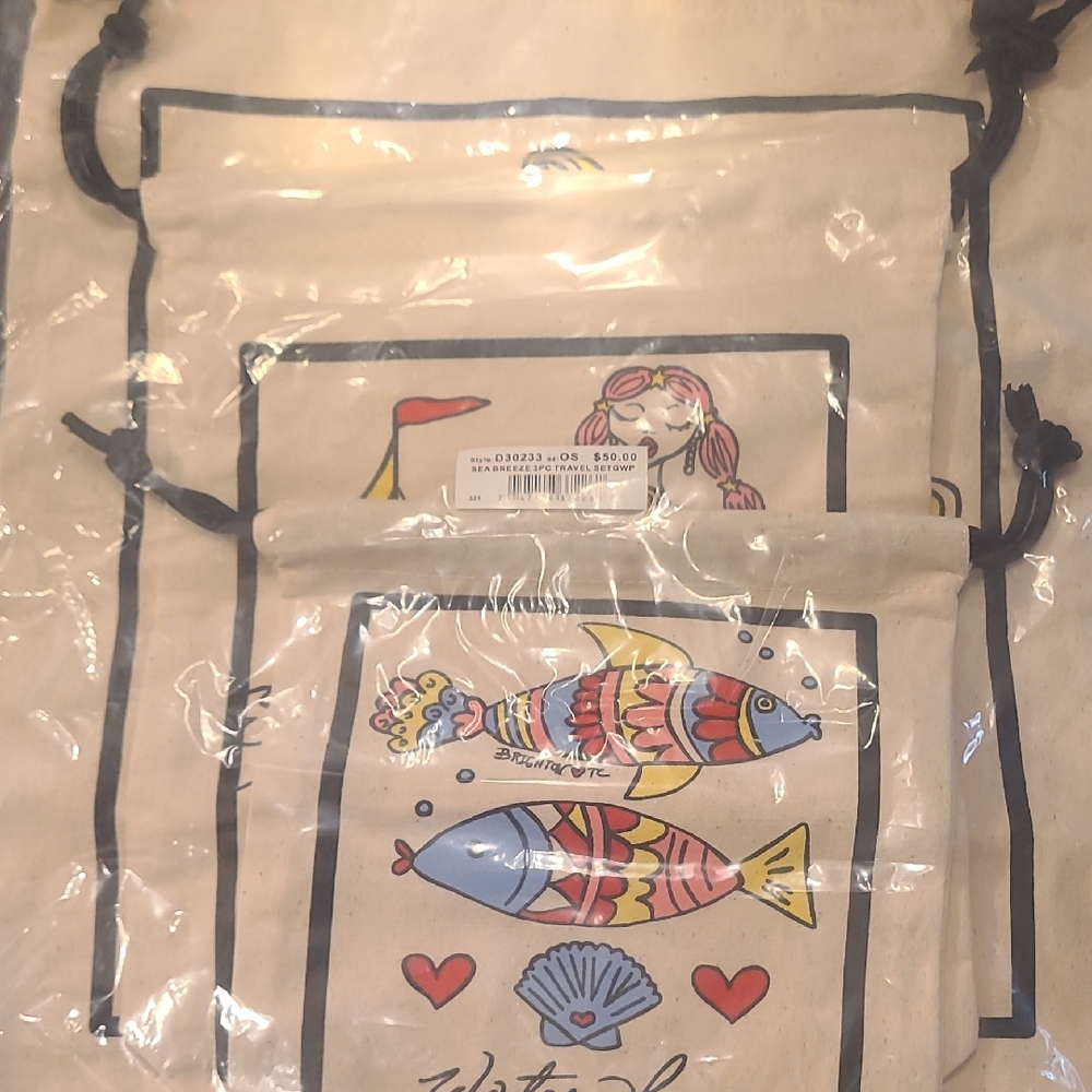 🎉Brand New 3 Colorful Fish Print Drawstring Brighton Bags🎉